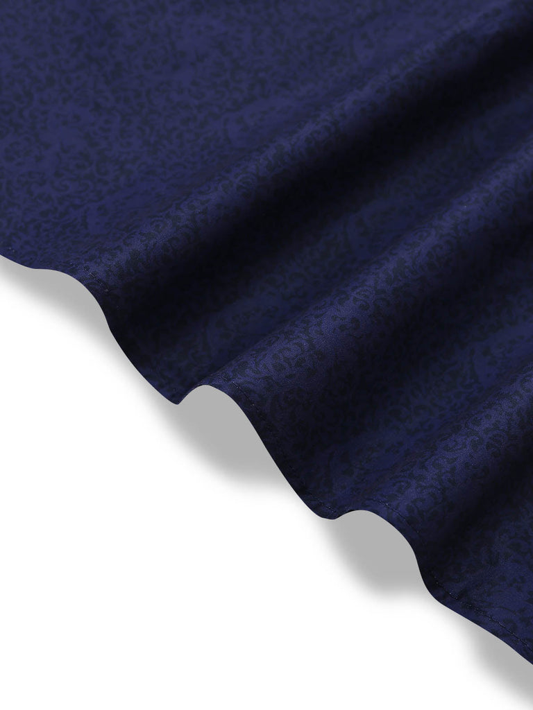 Dunkelblaues 50er Jacquard-Kleid mit Samt und Spitze