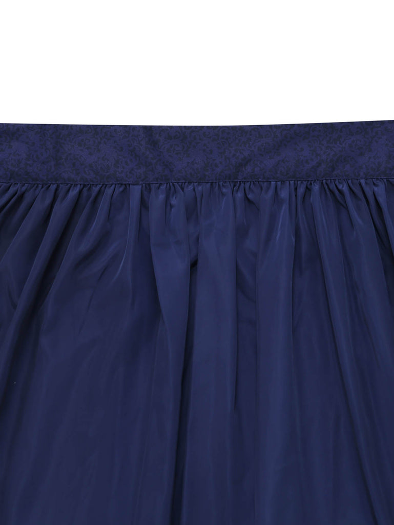 Dunkelblaues 50er Jacquard-Kleid mit Eckiger Ausschnitt und Samt