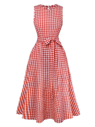 Rotes 50er Ärmelloses Swingkleid mit Gingham