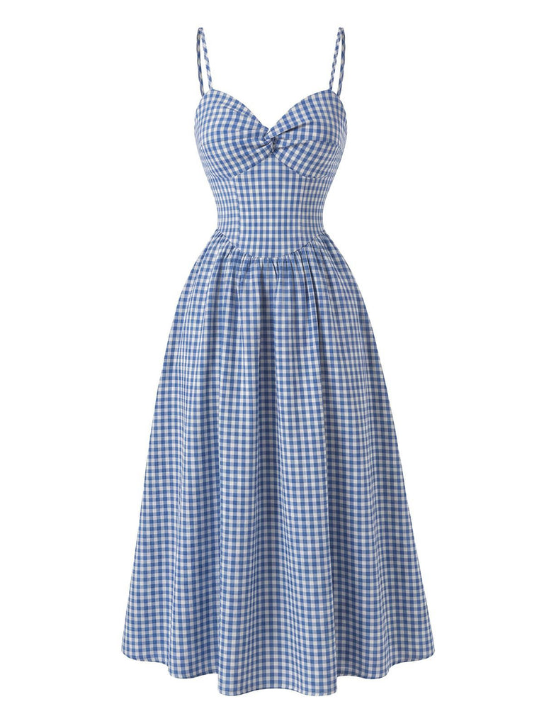 Blaues 40er Kleid mit Gingham und Spaghettiträgern