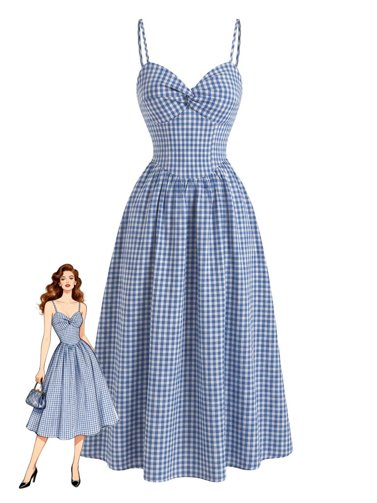 Blaues 40er Kleid mit Gingham und Spaghettiträgern