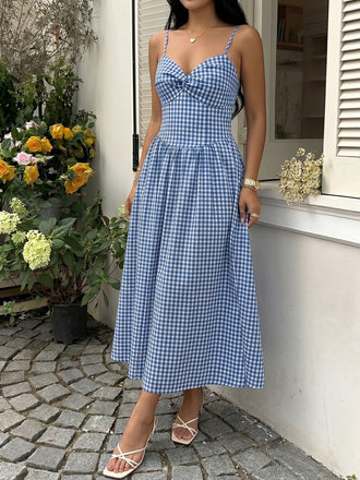 Blaues 40er Kleid mit Gingham und Spaghettiträgern