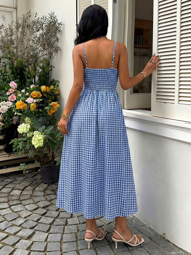 Blaues 40er Kleid mit Gingham und Spaghettiträgern