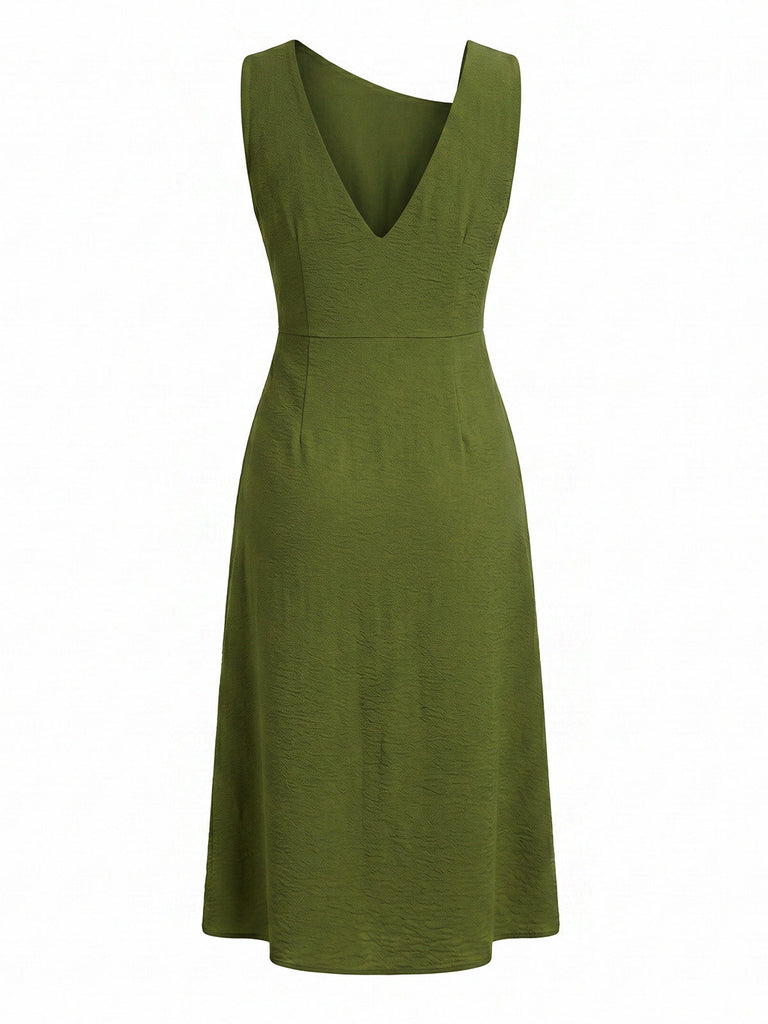 Grünes 60er Raffkleid mit Asymmetrisch und Schnalle