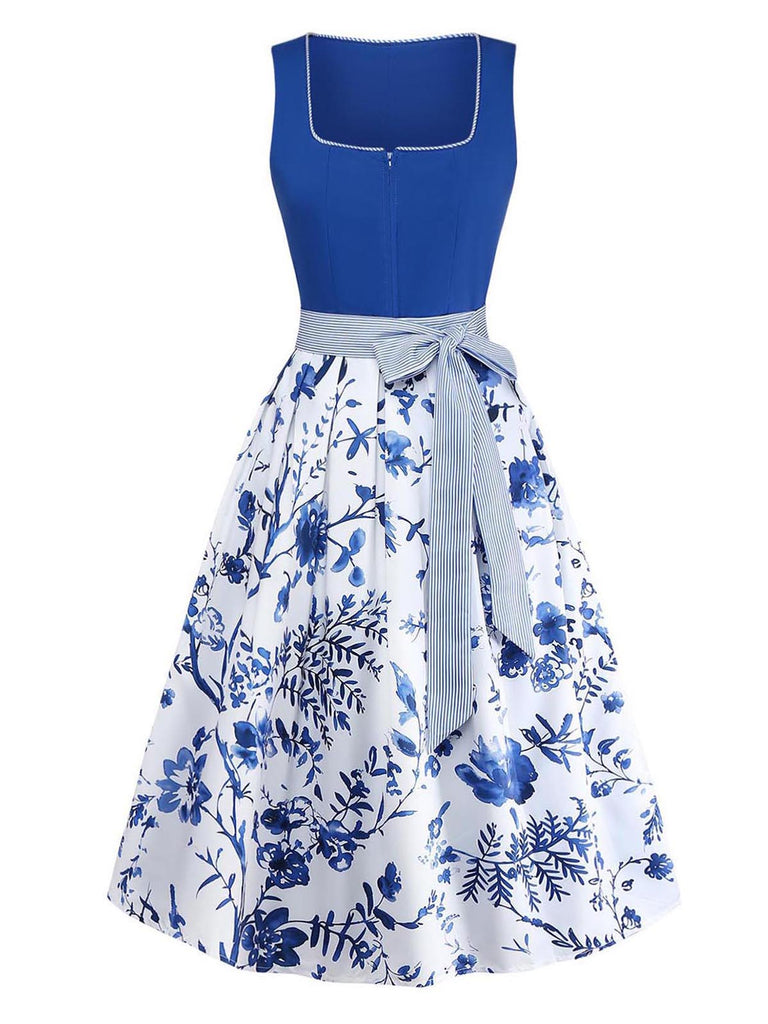 Blaues 50er 2PCS Kleid mit Blumen-Schürze