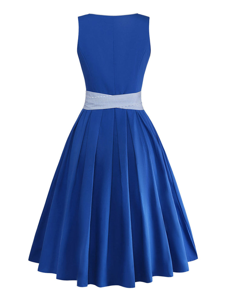 Blaues 50er 3PCS Kleid mit Blumen-Schürze