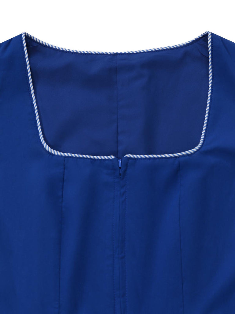 Blaues 50er 2PCS Kleid mit Blumen-Schürze