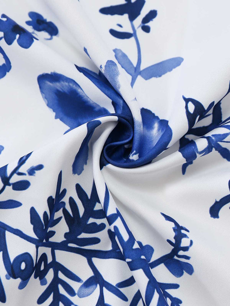 Blaues 50er 2PCS Kleid mit Blumen-Schürze