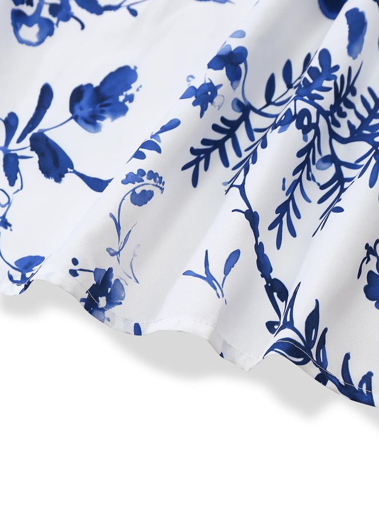 Blaues 50er 2PCS Kleid mit Blumen-Schürze