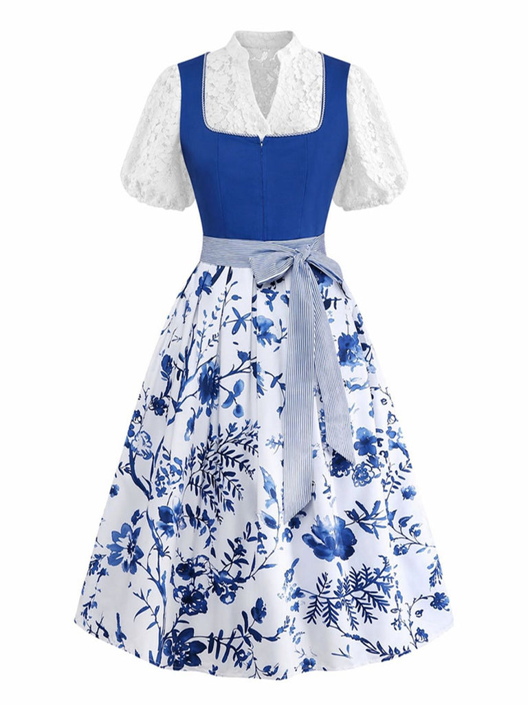 Blaues 50er 3PCS Kleid mit Blumen-Schürze