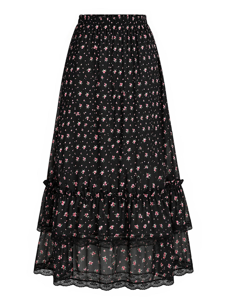 Schwarzer 50er Rock mit Streublumen und Spitze