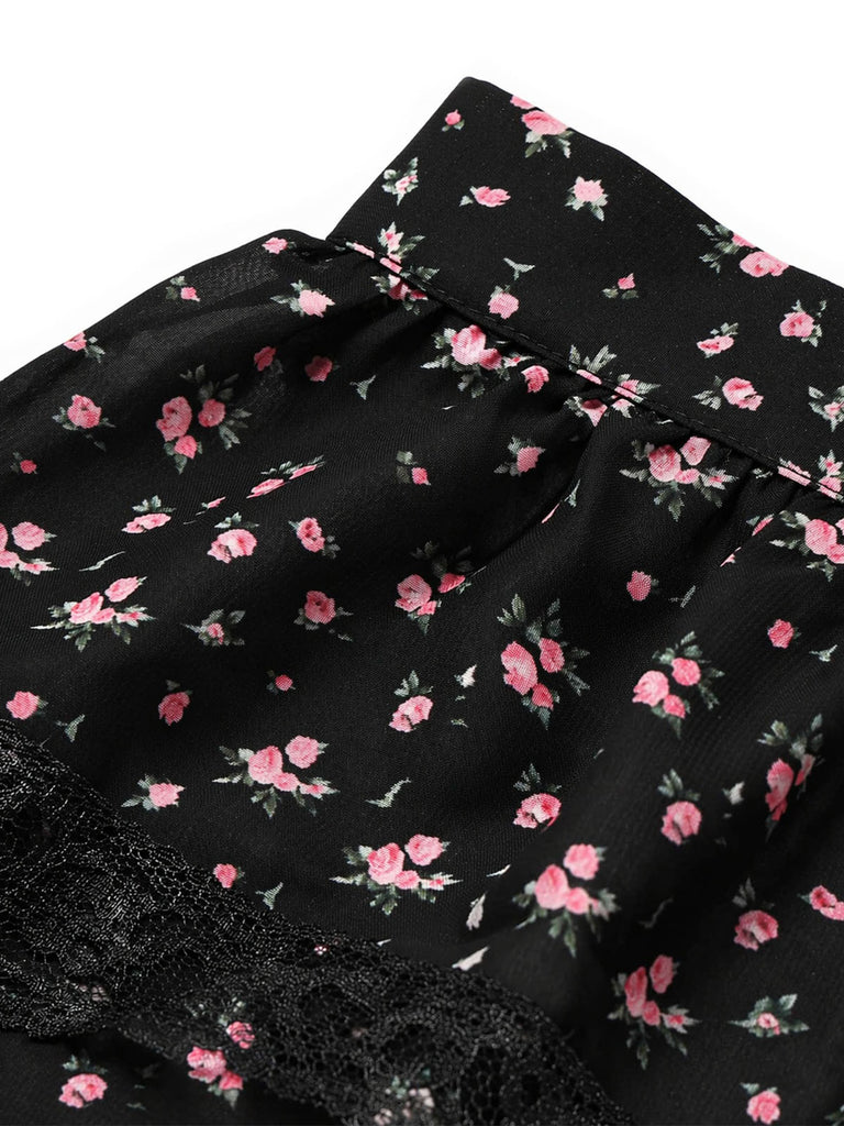 Schwarzer 50er Stufenrock mit Streublumen und Spitze