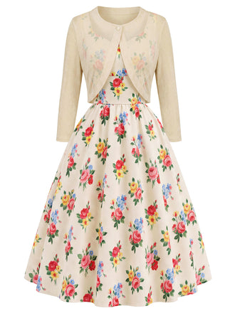 Cremefarbenes 40er Bolero & Kleid Set mit Blumen