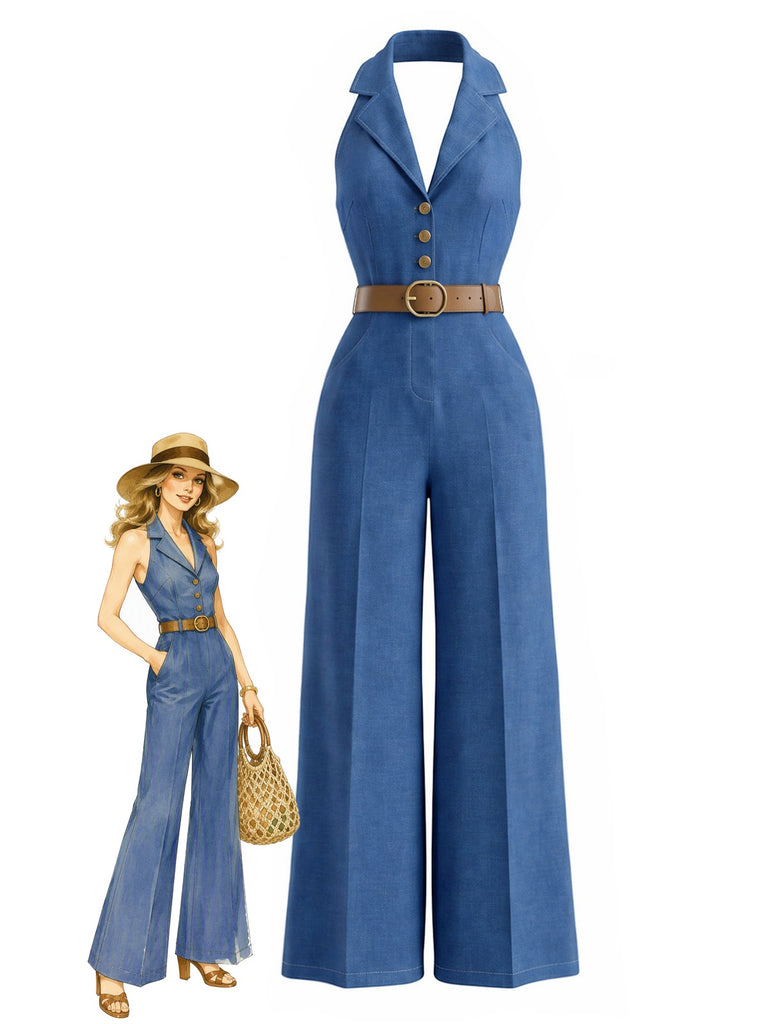 [Vorverkauf] 70er Jeans-Jumpsuit mit Reverskragen und Knopfleiste