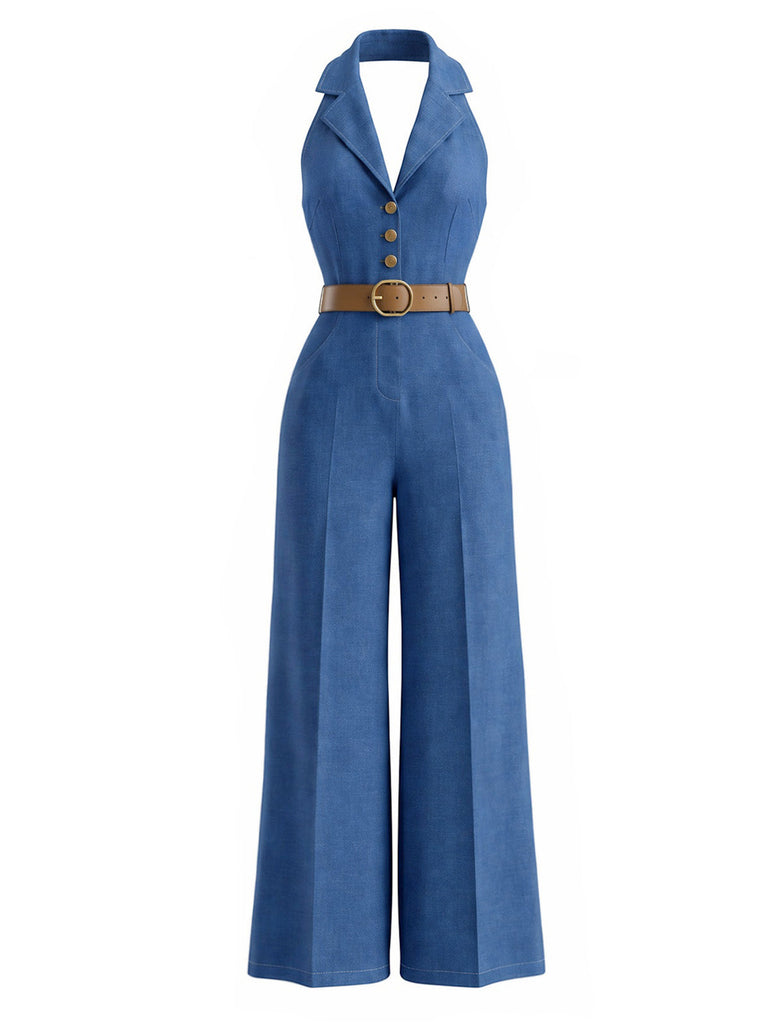 Dunkelblauer 70er Jeans-Jumpsuit mit Gürtel