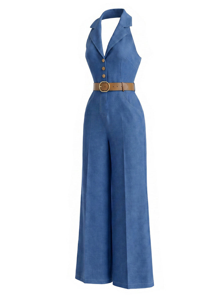 Dunkelblauer 70er Jeans-Jumpsuit mit Gürtel