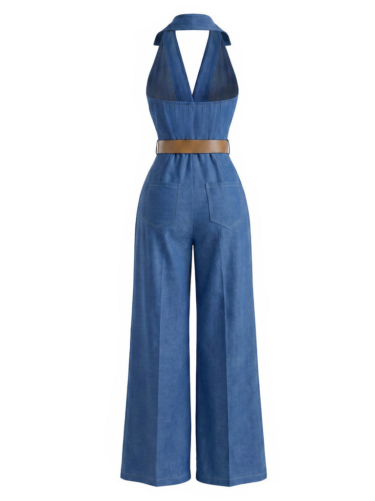 Dunkelblauer 70er Jeans-Jumpsuit mit Gürtel