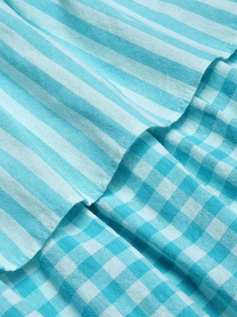 Blaues 50er Baumwoll-Kleid mit Gingham und Bindeband