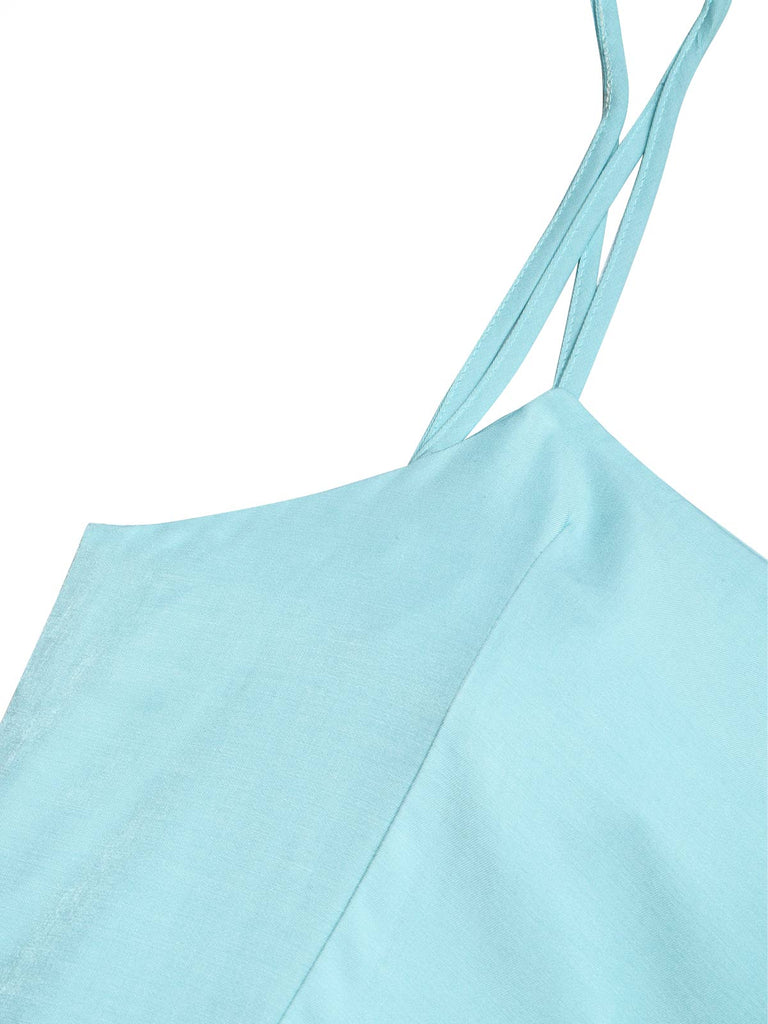 Blaues 50er Baumwoll-Kleid mit Gingham und Bindeband