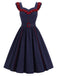 [Vorverkauf] Dunkelblaues 80er Swingkleid mit Rüschen und Gürtel
