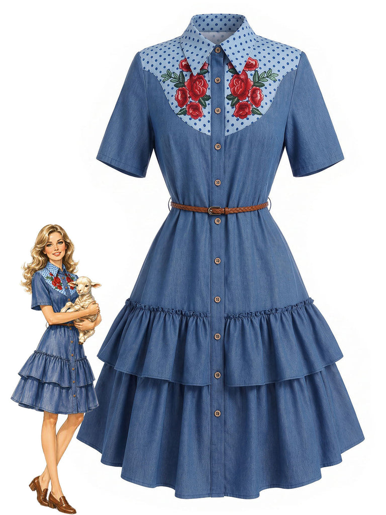 Dunkelblaues 60er Jeanskleid mit Rosen und Rüschen