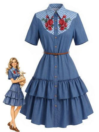 Dunkelblaues 60er Jeanskleid mit Rosen und Rüschen