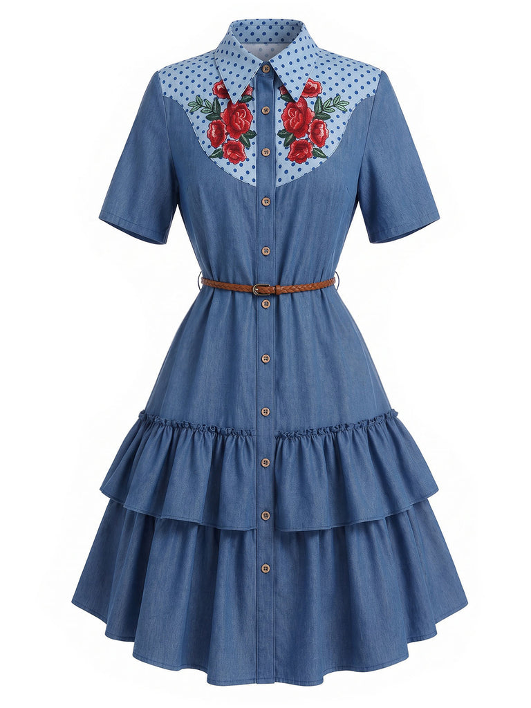 Dunkelblaues 60er Jeanskleid mit Rosen und Rüschen