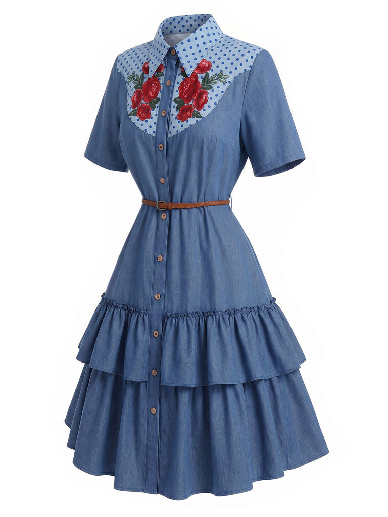 Dunkelblaues 60er Jeanskleid mit Rosen und Rüschen