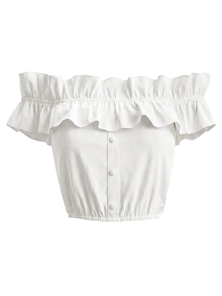Weiß 50er schulterfreies mit Rüschen und Crop-Top
