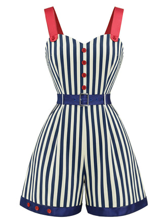 Blauer & Roter 50er Romper mit Farbblock und Streifen