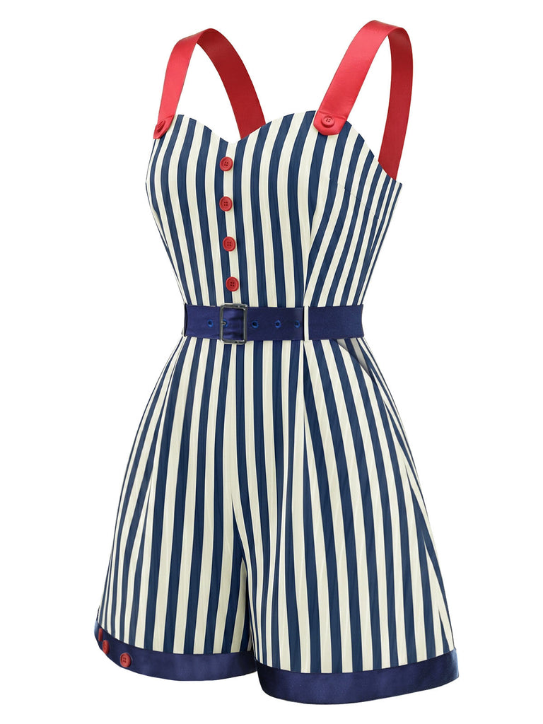 Blauer & Roter 50er Romper mit Farbblock und Streifen