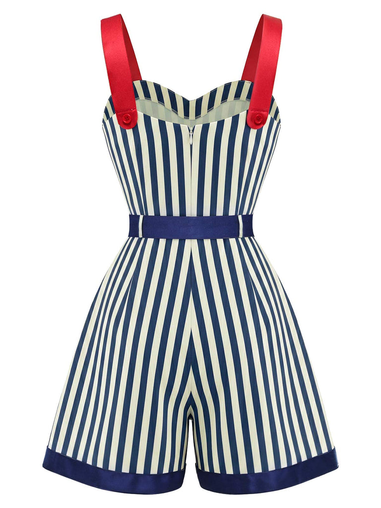 Blauer & Roter 50er Romper mit Farbblock und Streifen