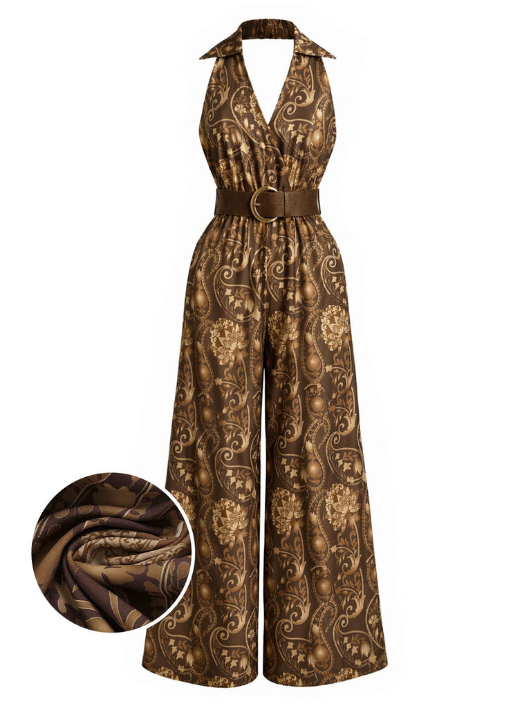 Brauner 70er Boho Jumpsuit mit Blumen