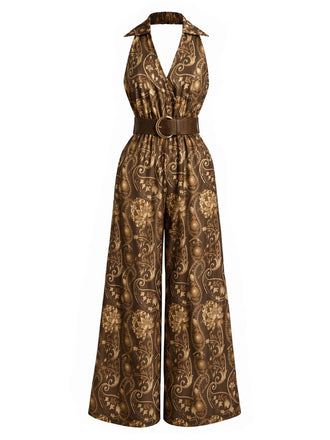Brauner 70er Boho Jumpsuit mit Blumen