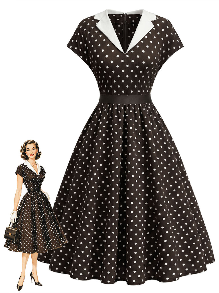 Braunes 50er Swingkleid mit Kappärmel und Polka-Dots