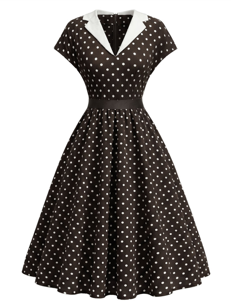 Braunes 50er Swingkleid mit Kappärmel und Polka-Dots