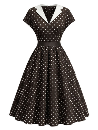Braunes 50er Swingkleid mit Kappärmel und Polka-Dots