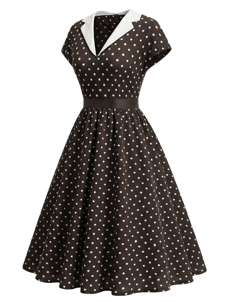 Braunes 50er Swingkleid mit Kappärmel und Polka-Dots