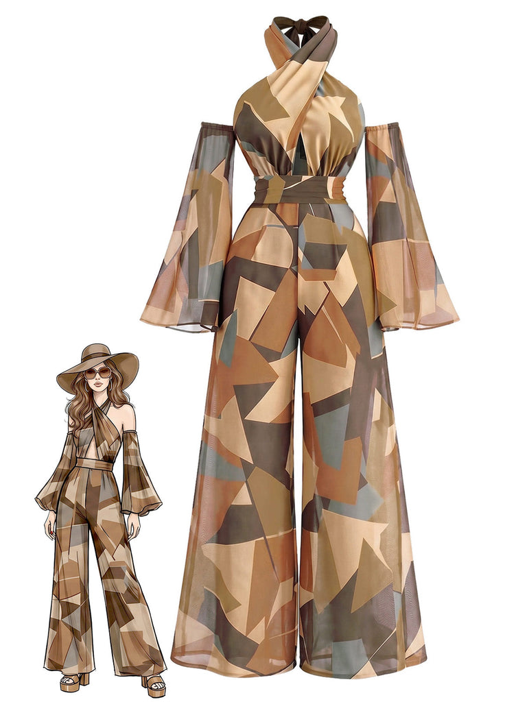 70er Jumpsuit mit Neckholder und Farbblock