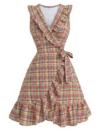 Mehrfarbiges 70er Kleid mit V-Ausschnitt und Rüschen