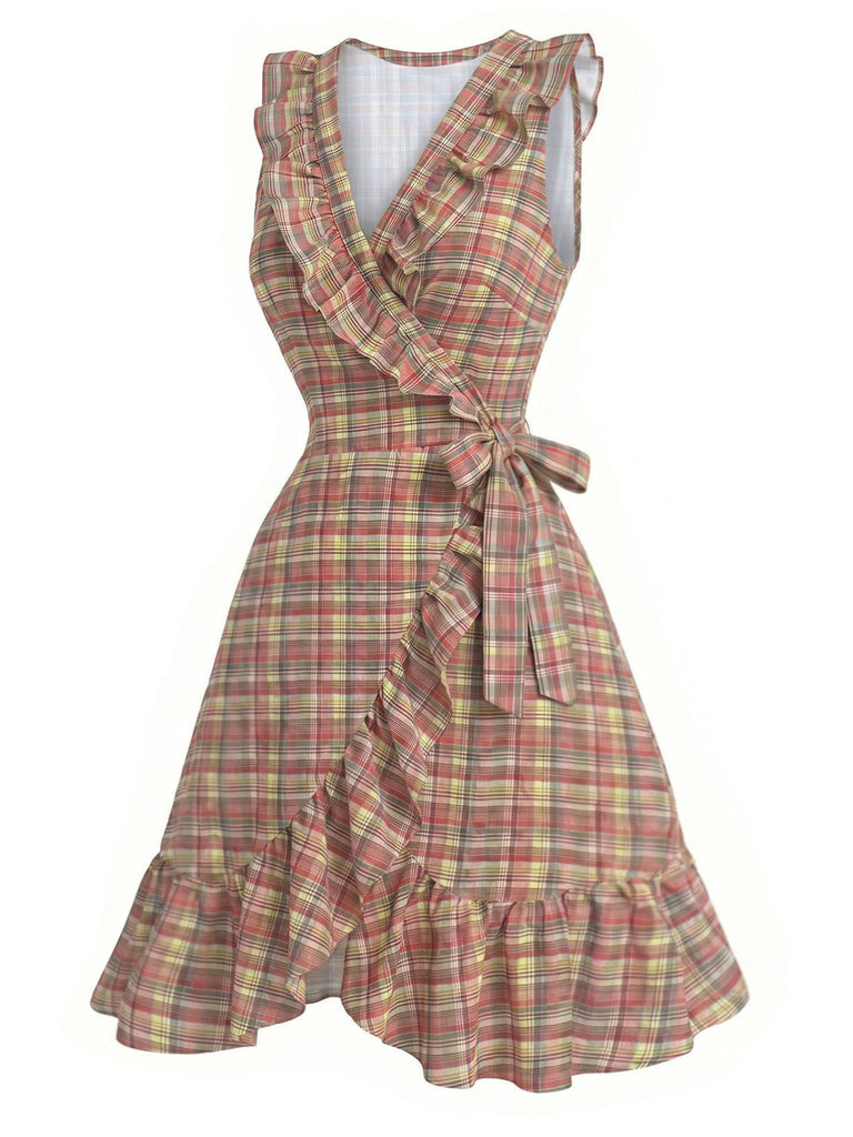 Mehrfarbiges 70er Kleid mit V-Ausschnitt und Rüschen
