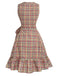 Mehrfarbiges 70er Kleid mit V-Ausschnitt und Rüschen
