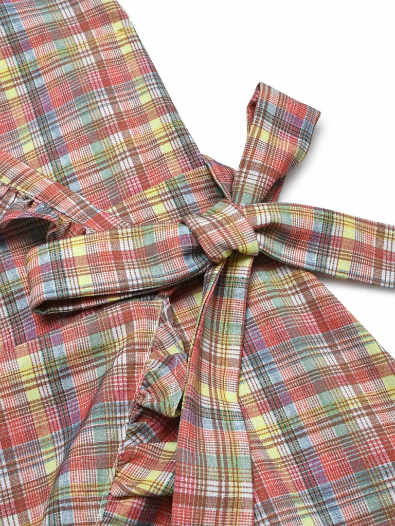 Mehrfarbiges 70er Kleid mit V-Ausschnitt und Rüschen