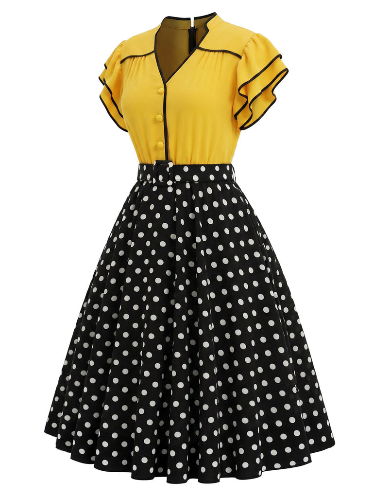 Gelbes & Schwarzes 50er Kleid mit Polka-Dots und Rüschen