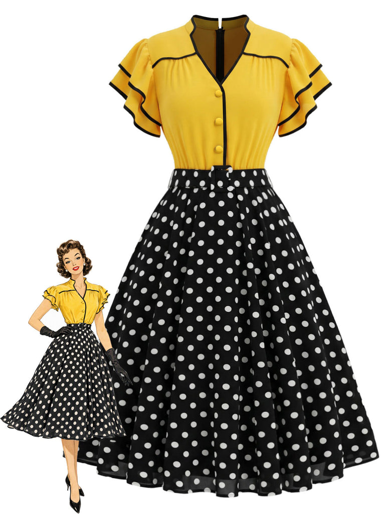 Gelbes & Schwarzes 50er Kleid mit Polka-Dots und Rüschen