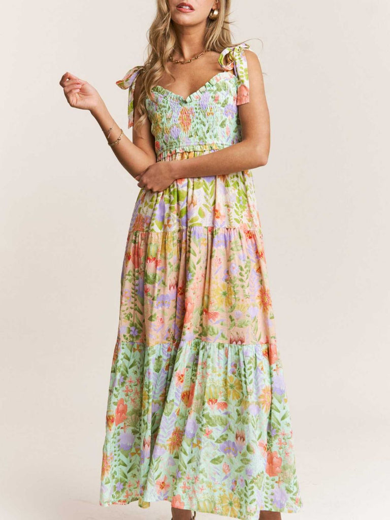 30er Maxikleid mit Blumen und Bindeträgern