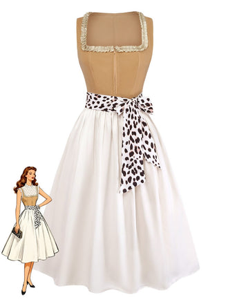 Leoparden-Printes & Khaki 50er Kleid mit Eckiger Ausschnitt