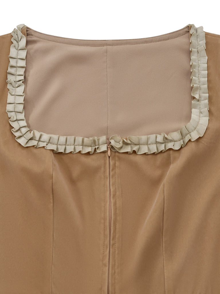 Leoparden-Printes & Khaki 50er Kleid mit Eckiger Ausschnitt