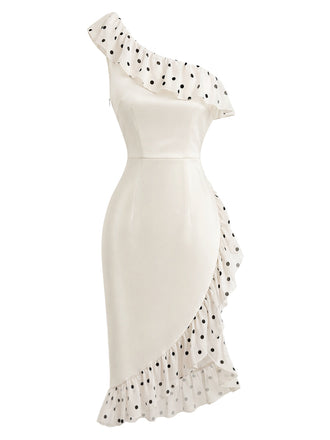Cremefarbenes 60er Kleid mit One-Shoulder und Polka-Dots