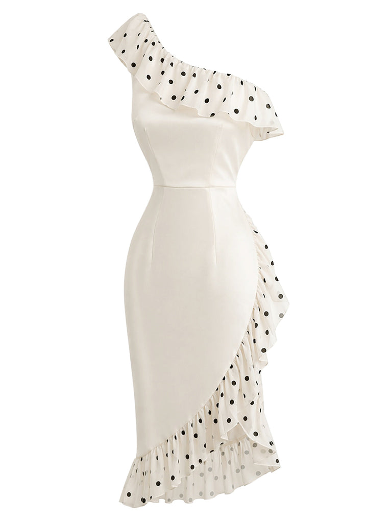 Cremefarbenes 60er Kleid mit One-Shoulder und Polka-Dots